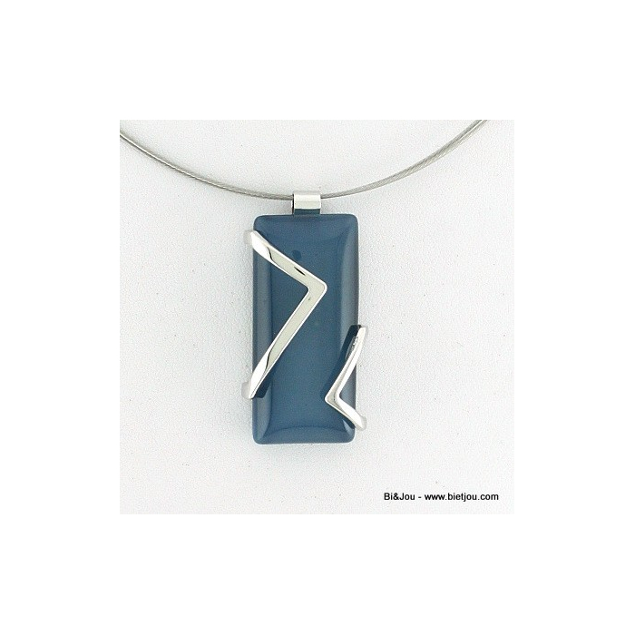 Collier cable Oeil de chat Graphique galet rectangulaire métal et verre bleu