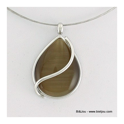Collier goutte oeil de chat métal, verre marron