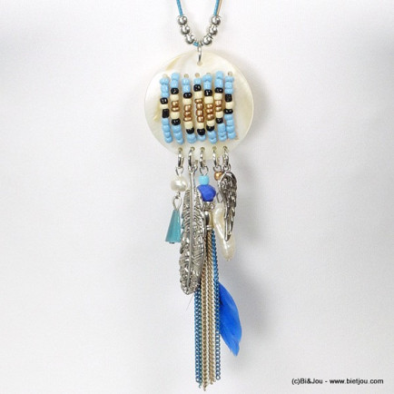 sautoir femme Gypset Hippie Chic Boho plume tassel 0116008 bleu