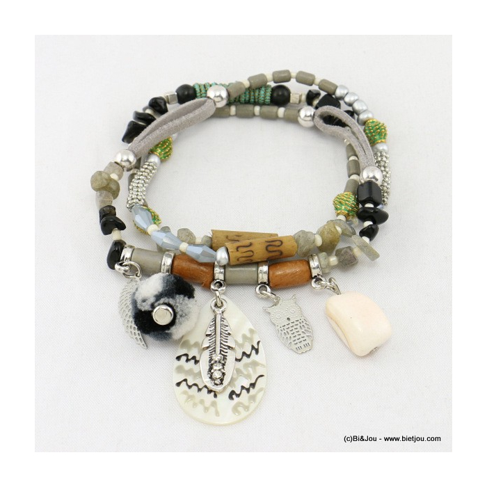 collier-bracelet 2en1 pompon chouette-hibou élastique 0117024 gris
