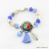 bracelet élastique plume métallique pompon tassel tissu 0217162 bleu