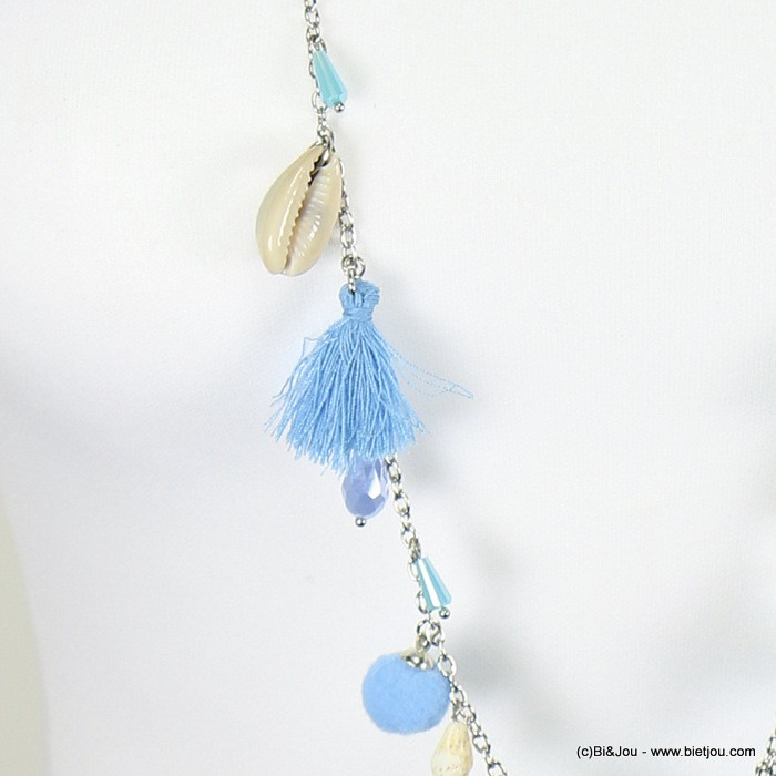 sautoir coquillage cauri pompon rond tassel tissu 0117277 bleu sautoir coquillage cauri pompon rond tassel tissu 0117277 bleu