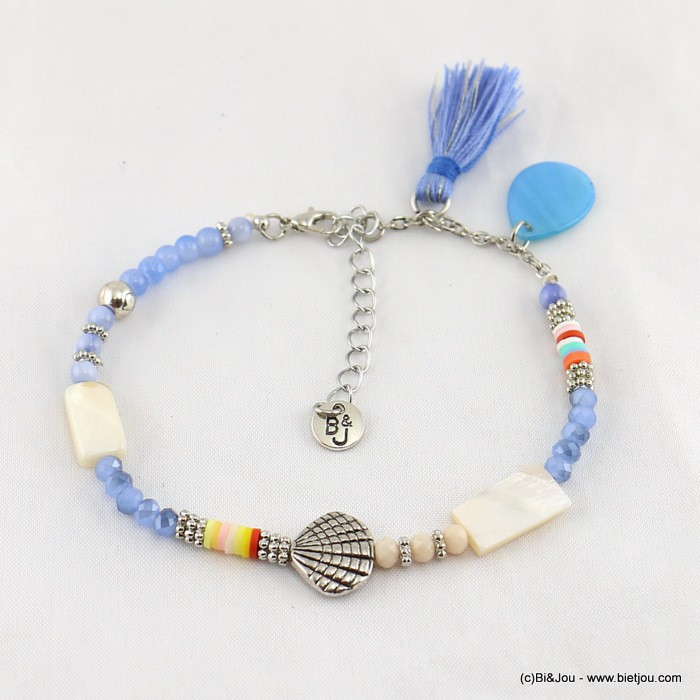 Bracelet de pied en perles avec nacre et coquillage métallique bleu