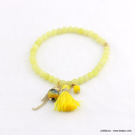 bracelet élastique billes pierre naturelle 4mm pompon 0218101 jaune