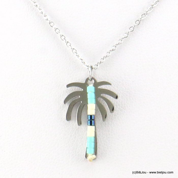 collier palmier femme acier inoxydable perles rocaille 0118251 bleu turquoise