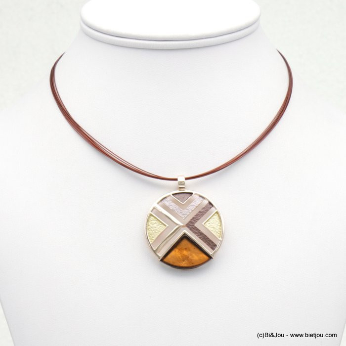 collier pendentif rond géométrique résine coloré câble multi-brins 0118529