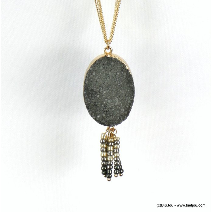sautoir pendentif pierre naturelle perles rocaille cristal 0118579 gris foncé