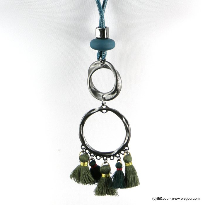 sautoir pendentif anneaux métal vieilli pompon tassel tissu 0118597 vert kaki