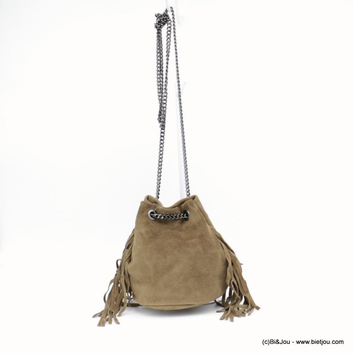 Sac bandoulière cuir véritable façon daim à franges 0917092 beige