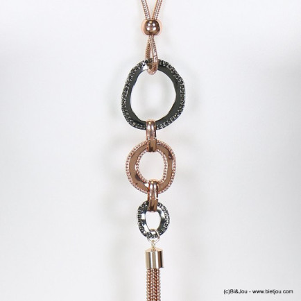 sautoir anneaux métal bicolore strass pompon tassel chaîne à bille 0118635 doré rose