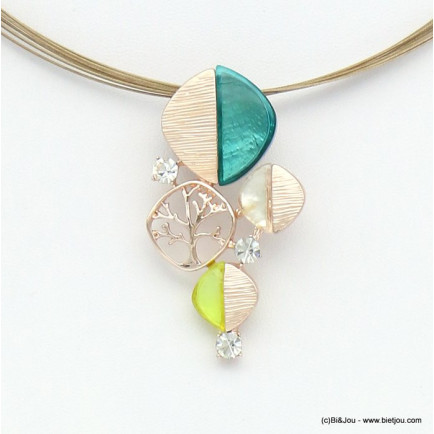 collier pendentif résine coloré strass arbre de vie métal câbles multi-brins femme 0119038 vert