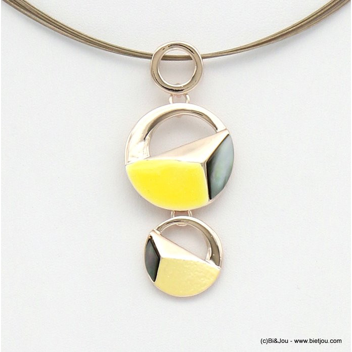 collier pendentif géométrique émail nacre métal câbles multi-brins femme 0119041 jaune