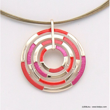 collier pendentif labyrinthe géométrique métal coloré câble multi-brins femme 0119043 rouge corail