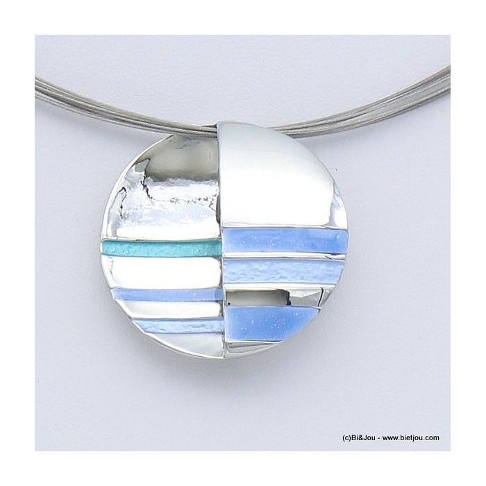 collier pendentif géométrique rond métal coloré câble multi-brins femme 0119045 bleu turquoise