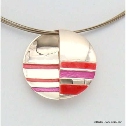 collier pendentif géométrique rond métal coloré câble multi-brins femme 0119045 rouge corail