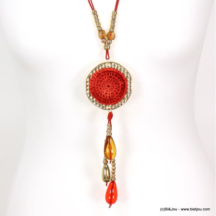 sautoir pendentif métal disque rotin tressé perles gouttes résine 0119006 rouge