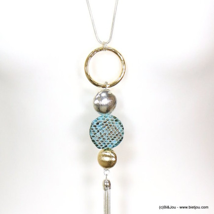 sautoir pendentif anneaux pièces métal adhésif motif serpent pompon 0119068 bleu turquoise