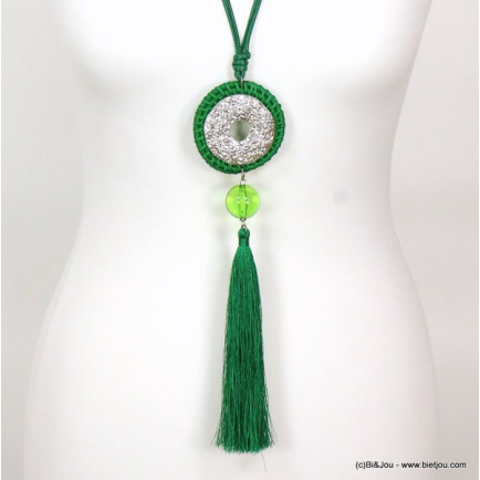 sautoir pendentif rotin tressé métal martelé pompon fil polyester 0119008 vert