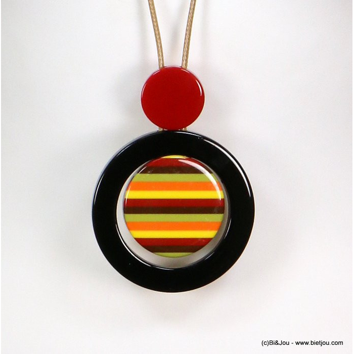sautoir pendentif rond anneau résine rayure coloré vintage 0119178 rouge