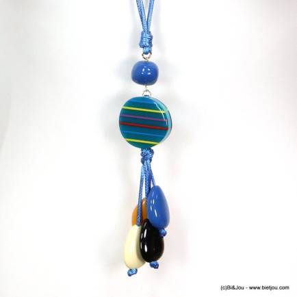 sautoir pendentif rond goutte résine rayure coloré vintage 0119180 bleu
