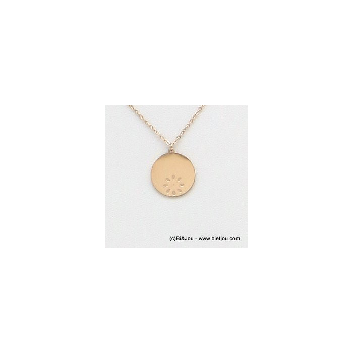 collier médaille fleur gravée acier inoxydable 0119174 doré rose