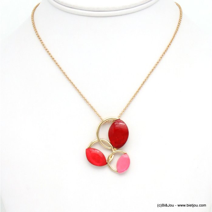 collier perles forme amande résine colorée anneaux métal entrelacés 0119516