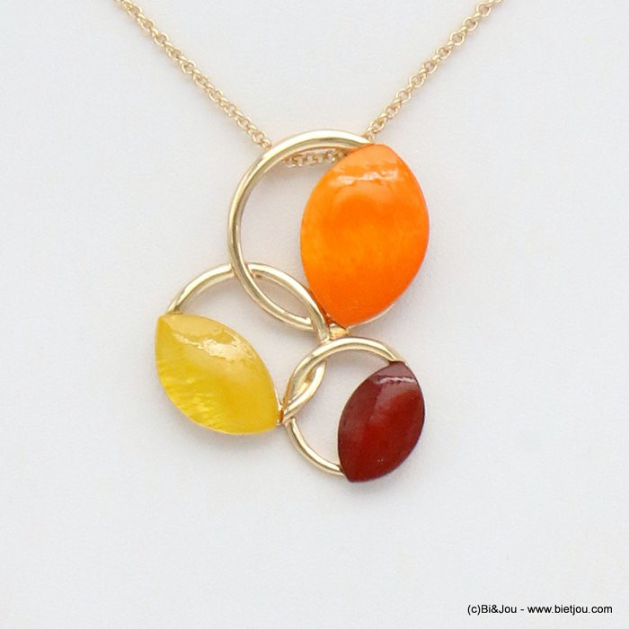 collier perles forme amande résine colorée anneaux métal entrelacés 0119516 marron