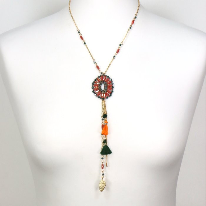 collier pendentif anneau cristal pompons fils chaînette feuille métal 0119507 collier pendentif anneau cristal pompons fils chaînette feuille métal 0119507