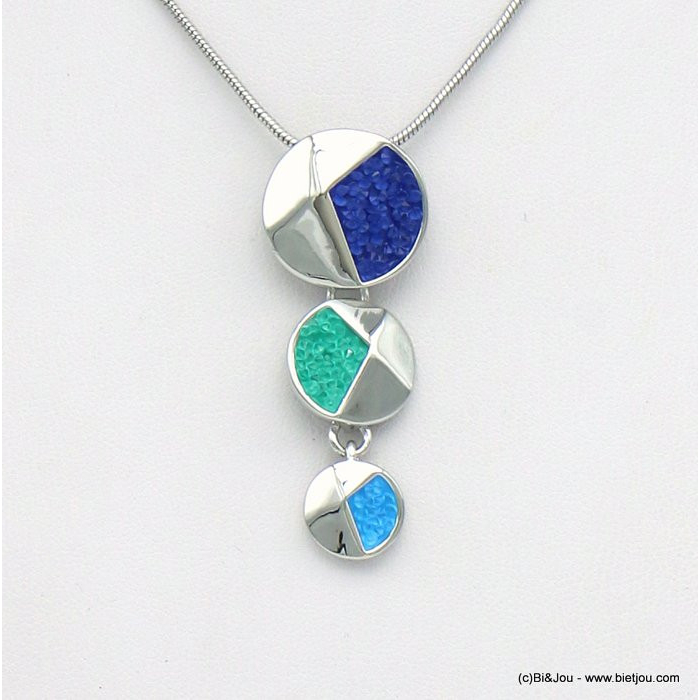 collier pendentif géométrique dégradé disque métal strass coloré 0120037 bleu foncé
