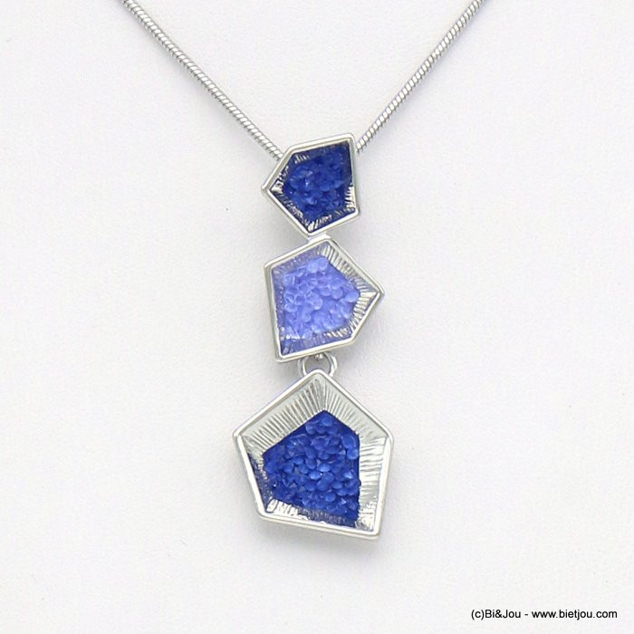 collier pendentif géométrique métal strass coloré 0120043 bleu foncé