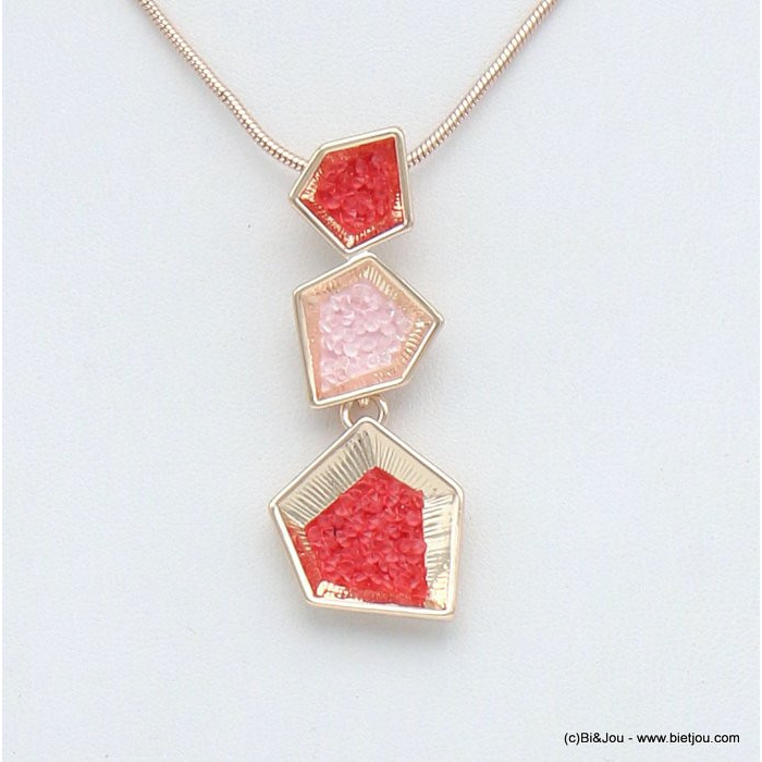 collier pendentif géométrique métal strass coloré 0120043 rouge corail