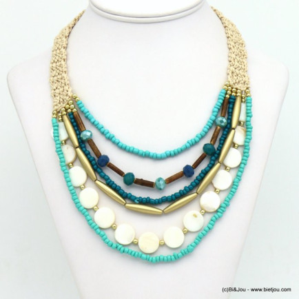 collier plage multi-rangs boutons nacre perles rocaille tubes ccb bois coton tressé femme 0120021