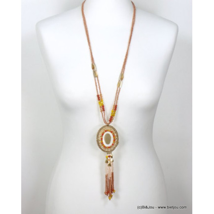 sautoir gypsy pendentif ovale métal cristal nacre pompon rocaille femme 0120026