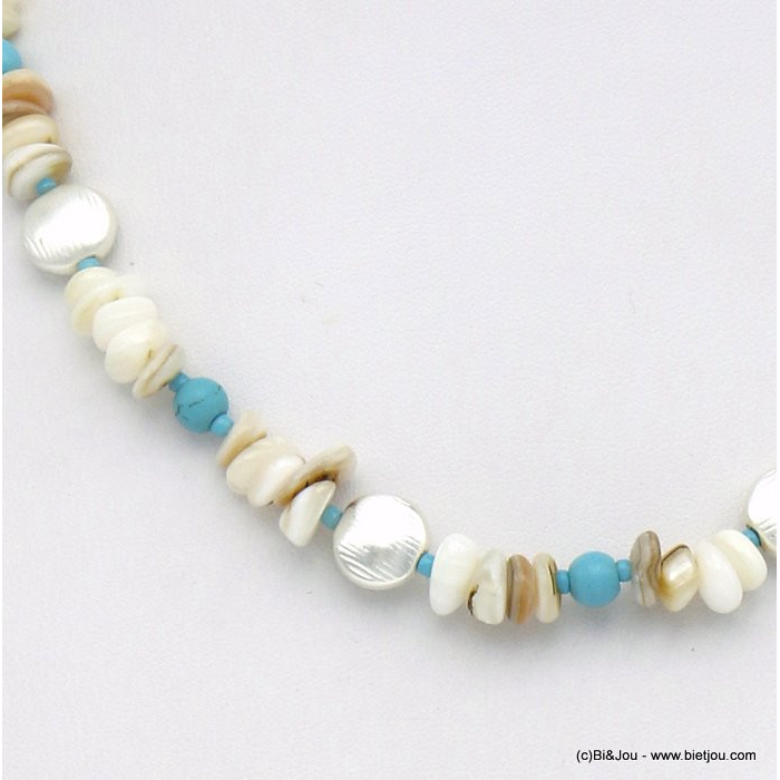 collier de plage éclats pierre nacre bouton métal 0120076 bleu turquoise collier de plage éclats pierre nacre bouton métal 0120076 bleu turquoise