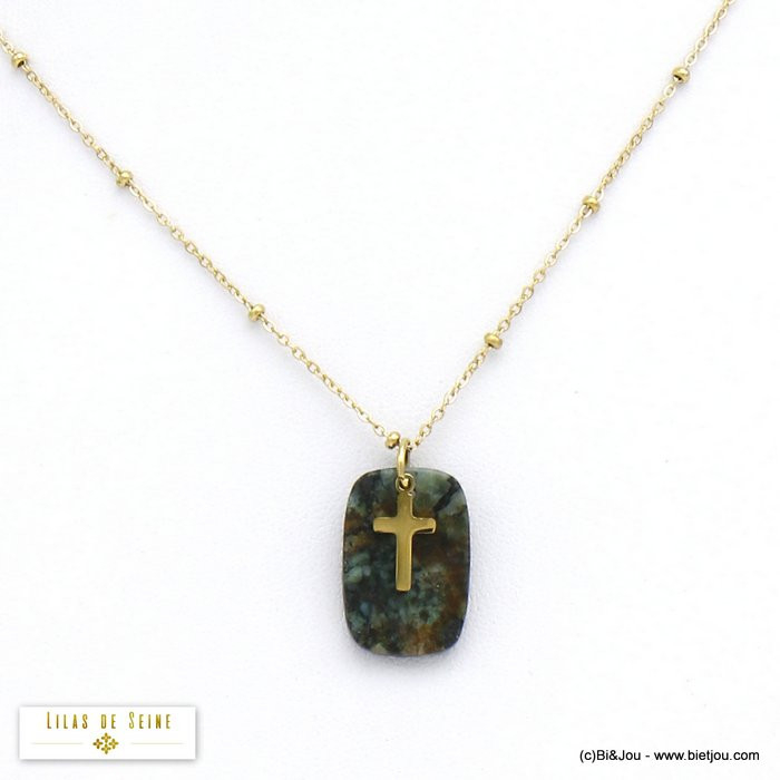 collier pendentif agate pierre croix acier inoxydable femme 0120523 vert