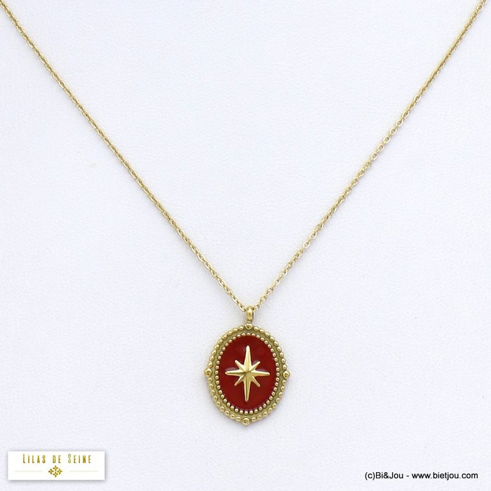 collier pendentif étoile polaire émail acier inoxydable femme 0120527 rouge bordeaux