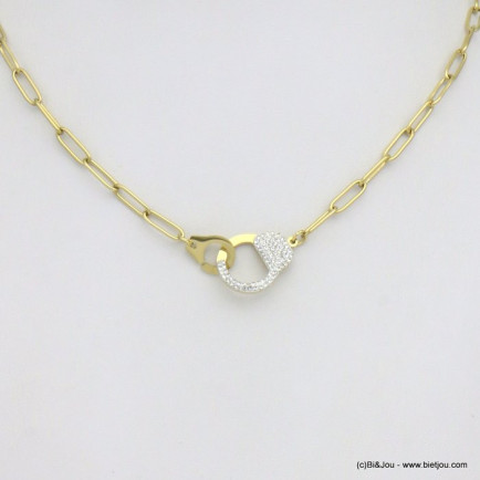 collier menotte strass chaine maille rectangulaire acier inoxydable femme 0120616 doré