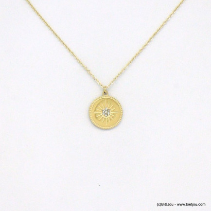 collier pendentif rond soleil gravé strass acier inoxydable femme 0120566 blanc