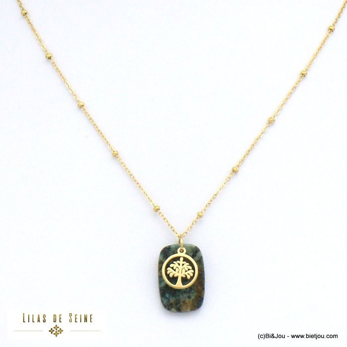 collier pendentif agate pierre arbre de vie acier inoxydable femme 0120635 vert