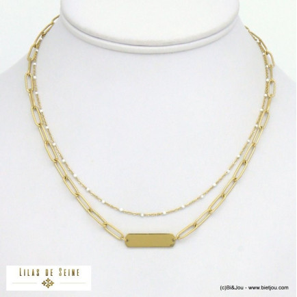 collier double-rang plaque rectangle acier inoxydable femme 0121021