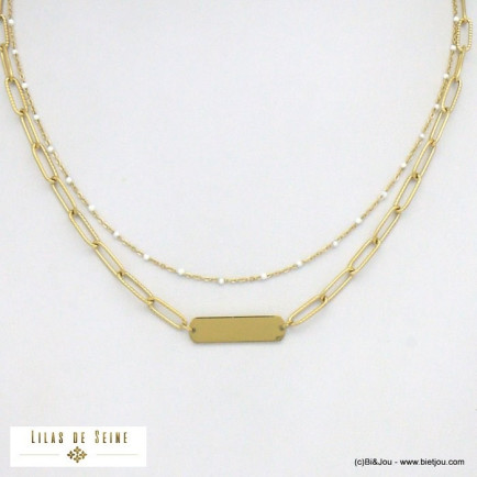 collier double-rang plaque rectangle acier inoxydable femme 0121021 blanc