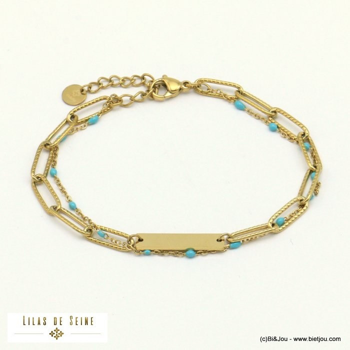 bracelet double-rang plaque rectangle acier inoxydable femme 0221014