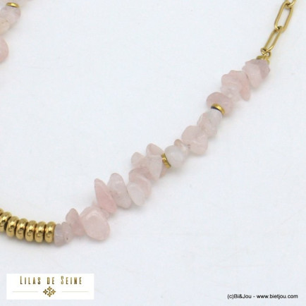 collier éclats pierre chaîne mailles rectangulaires acier inoxydable femme 0121020 rose clair
