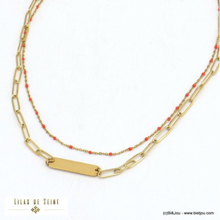 collier double-rang plaque rectangle acier inoxydable femme 0121021 orange