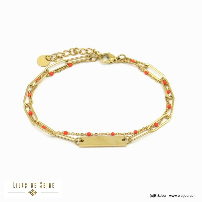 bracelet double-rang plaque rectangle acier inoxydable femme 0221014 orange