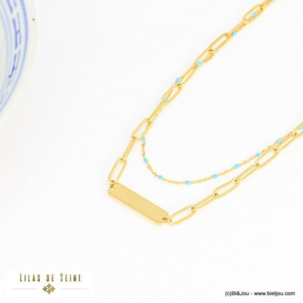 collier double-rang plaque rectangle acier inoxydable femme 0121021 turquoise