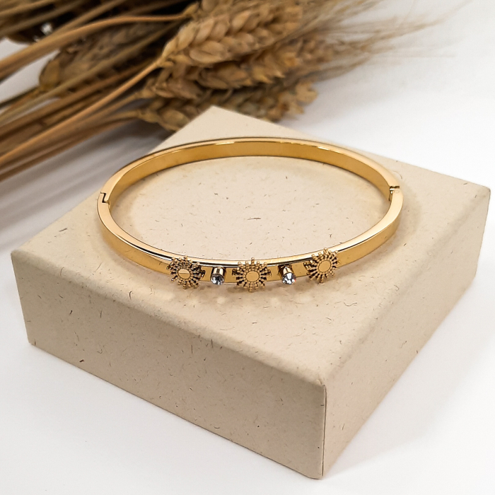 bracelet jonc ouvrable gothique soleil strass acier inoxydable femme 0221003 doré