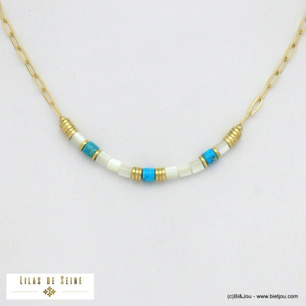 collier tubes pierre nacre acier inoxydable femme 0121076 bleu turquoise