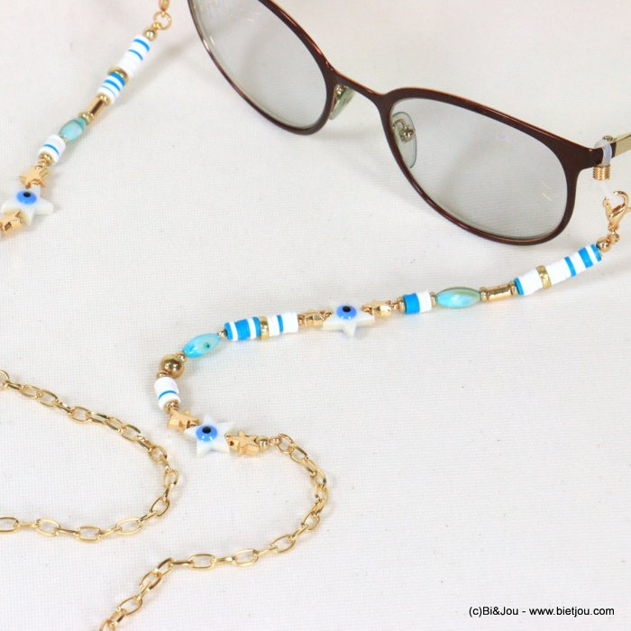 chaîne de lunettes oeil bleu étoiles nacre perles Heishi femme 0621033 bleu