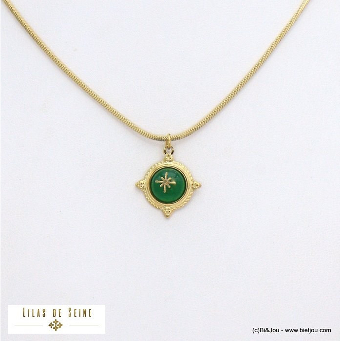 collier étoile cabochon pierre acier inoxydable femme 0121540 vert